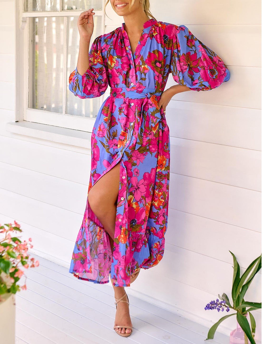 V-Neck Printed Shirt Long Dress