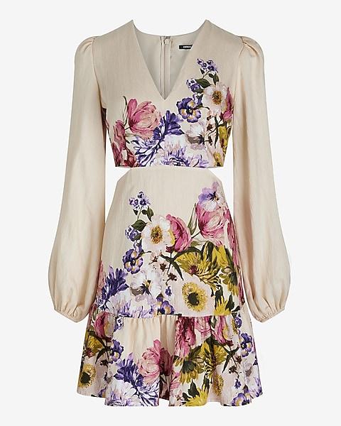 Floral V-Neck Long Puff Sleeve Cutout Mini Dress