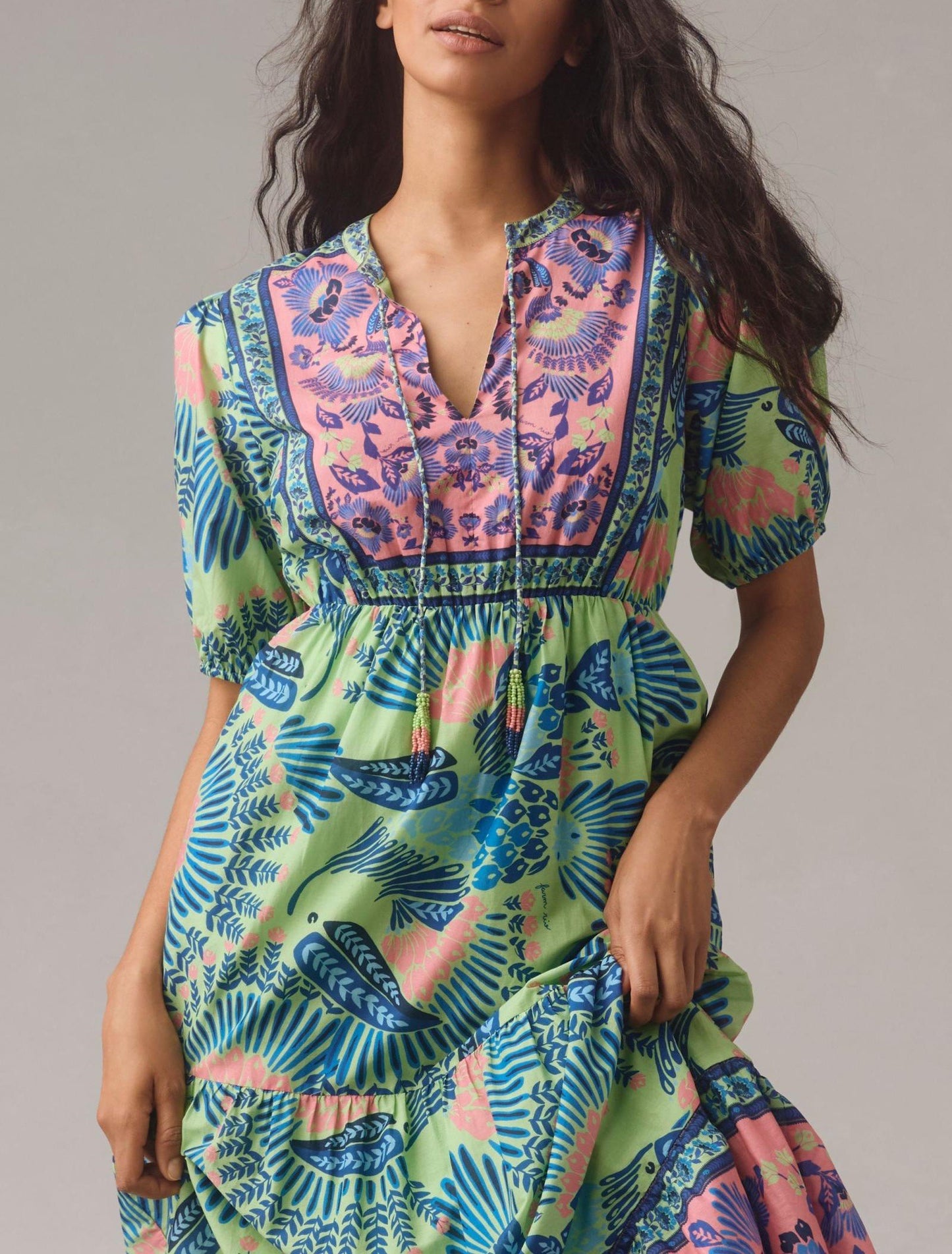 Farm Rio Short-Sleeve Tiered A-Line Midi Dress