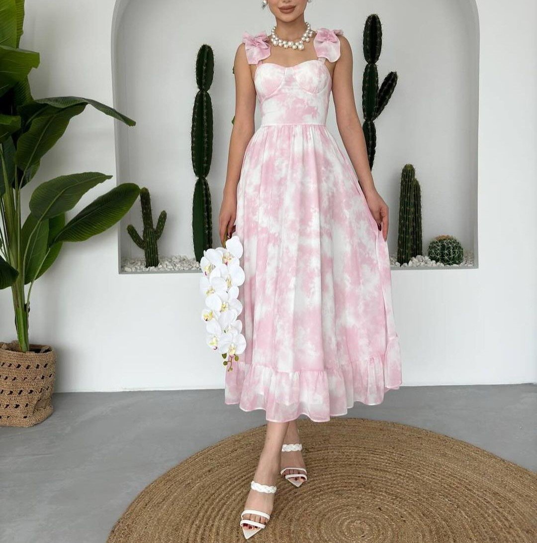 Pink Floral Chiffon Midi Dress