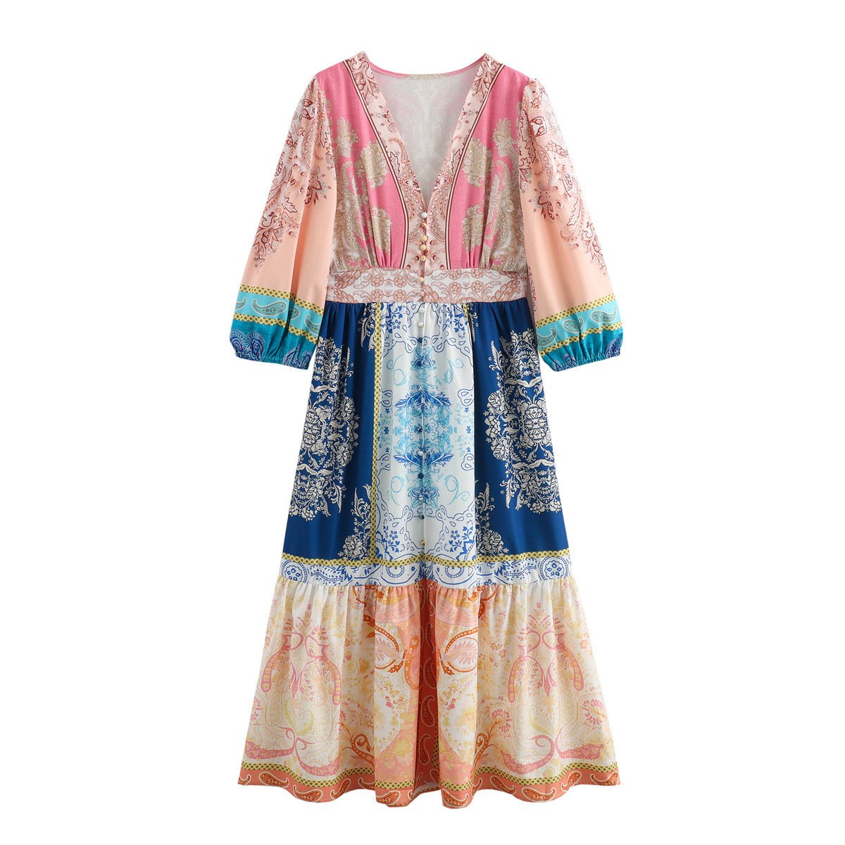 Special Ethnic Print Puff Sleeve V Neck Maxi Dress