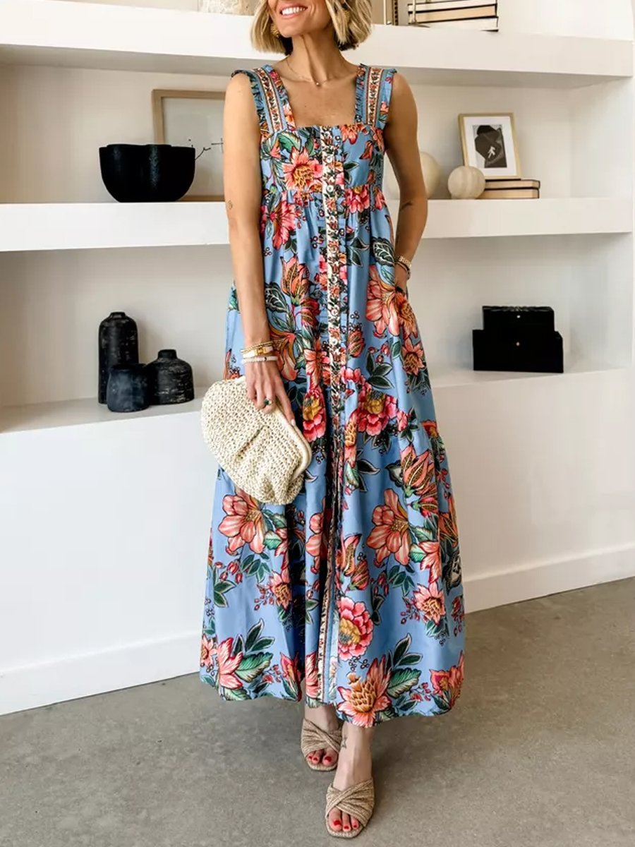 Ruffled Printed Sleeveless Maxi Dress