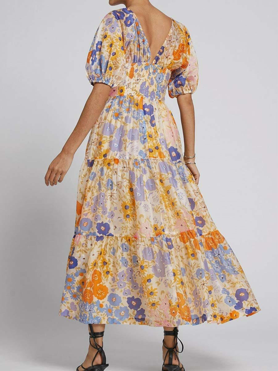 Floral Print Puff Sleeve V Neck Dress