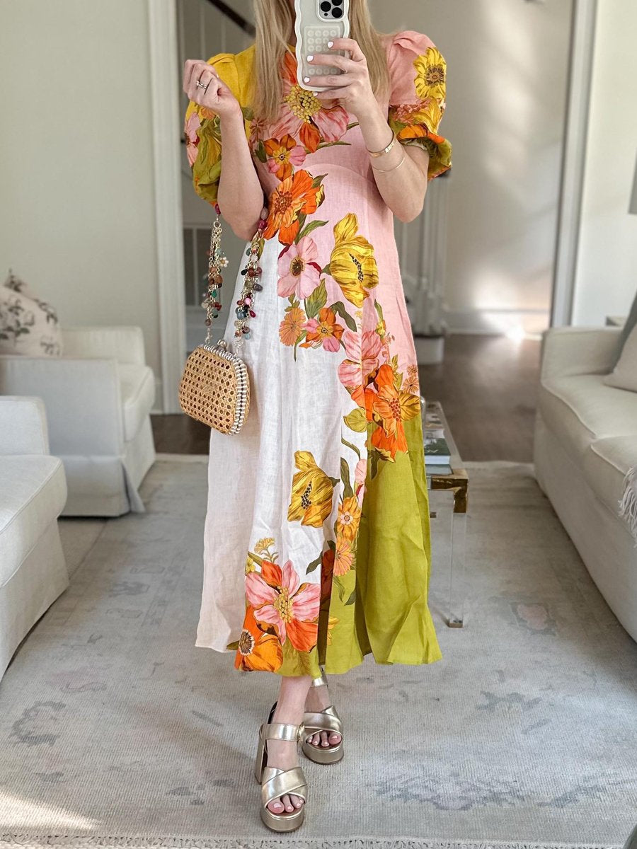 Fashion Floral Print Puff Sleeve Dress