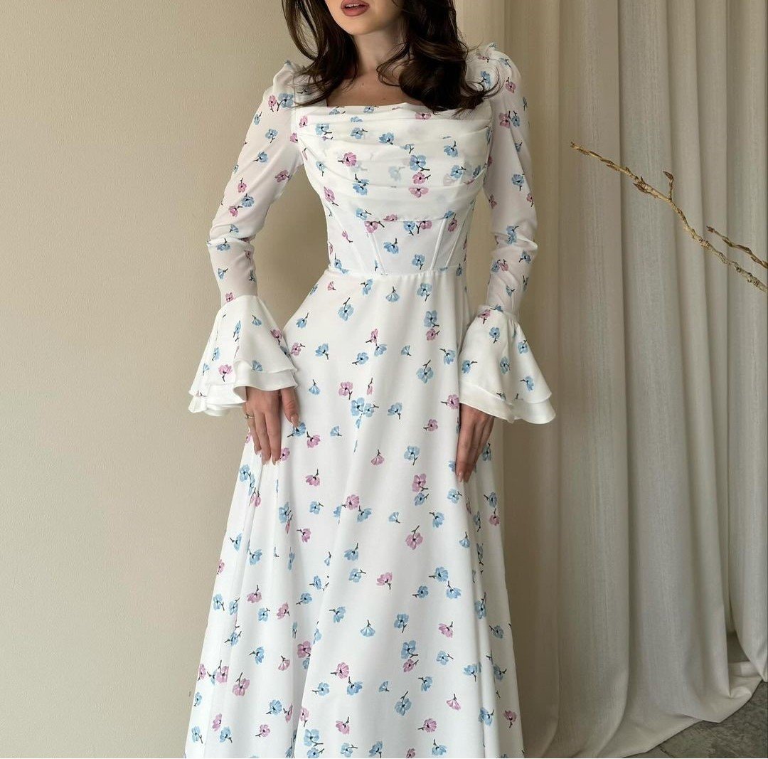 Printed Trumpet Sleeve Maxi Dress