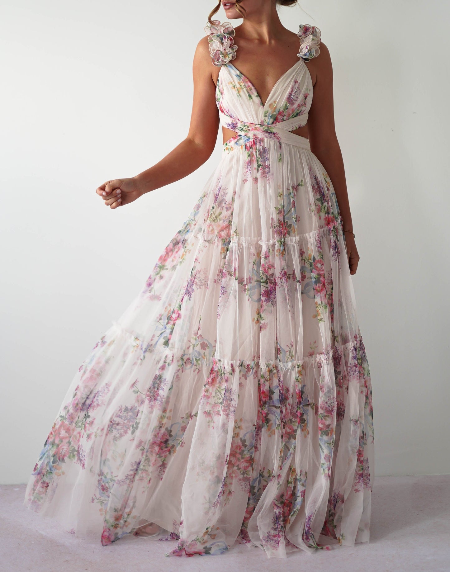 FLORAL PRINT TULLE MAXI DRESS