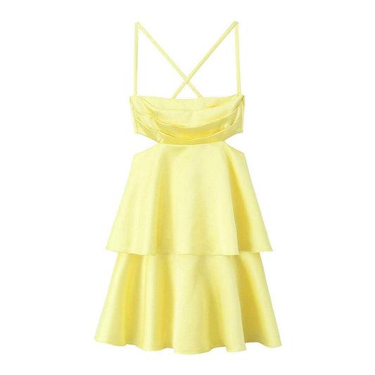 Yellow Tiered Ruffle Drop Waist Spaghetti Strap Backless Mini Dress