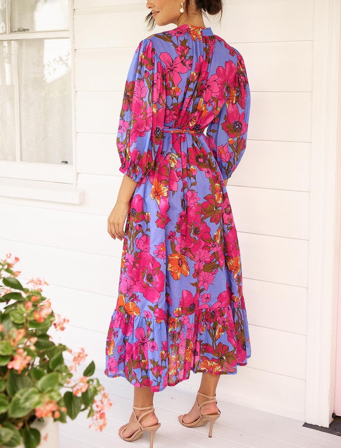 V-Neck Printed Shirt Long Dress