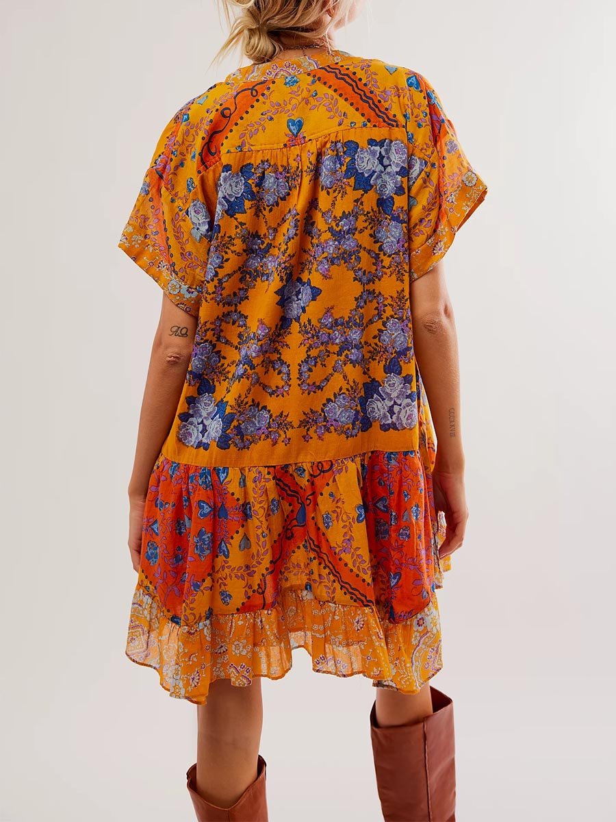 Bohemian Printed Short Sleeve Pocket V Neck Dress