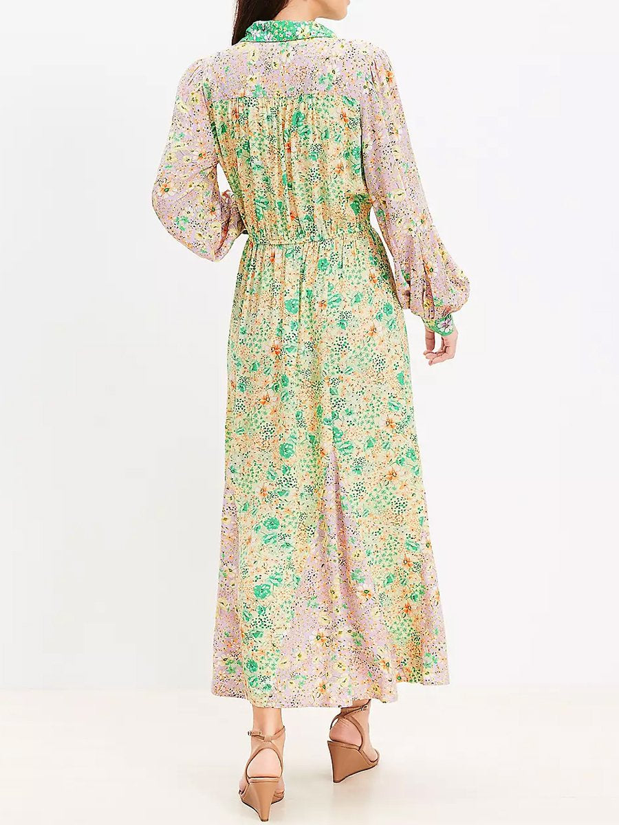 Floral Godet Pocket Long Sleeve Shirtdress