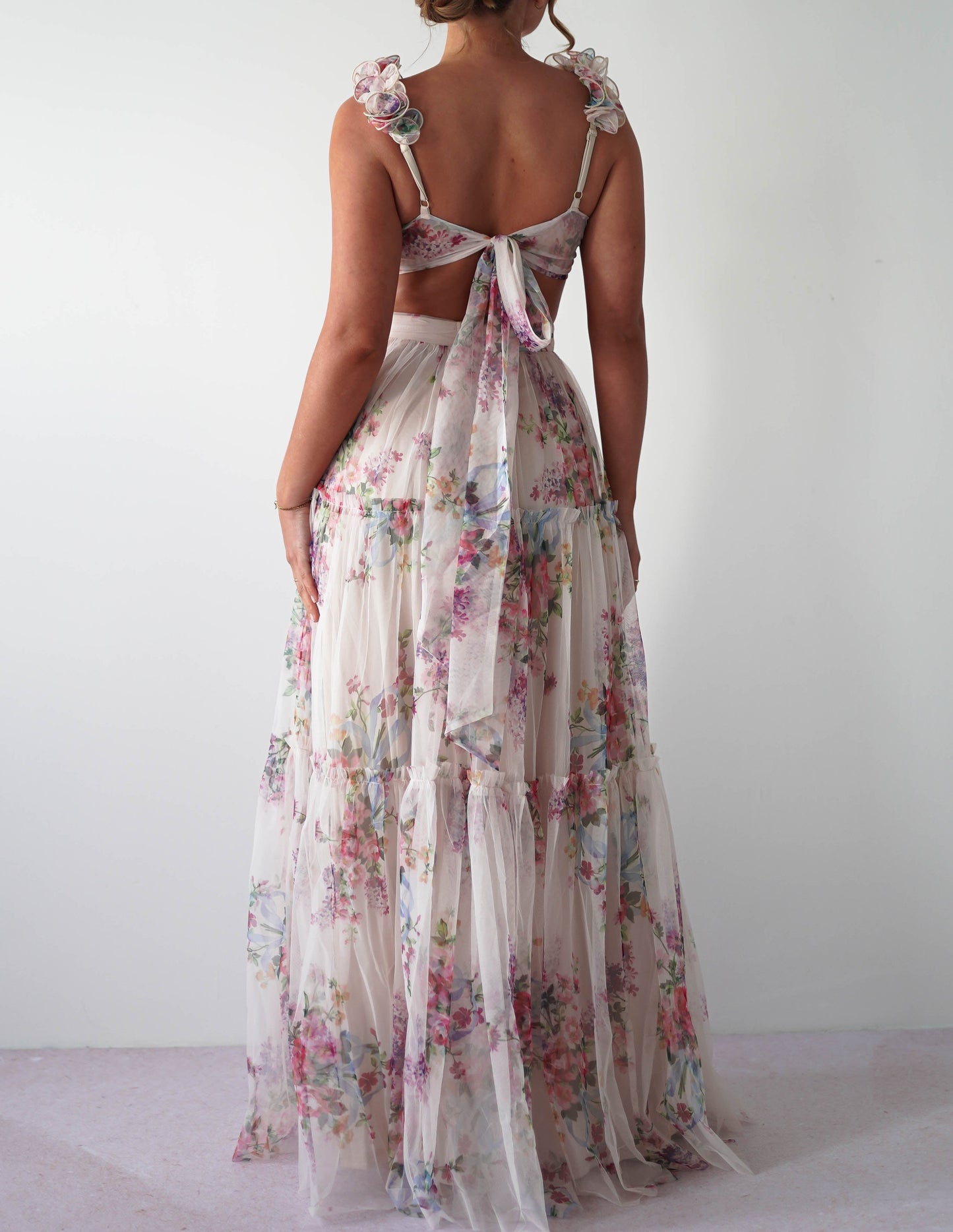 FLORAL PRINT TULLE MAXI DRESS