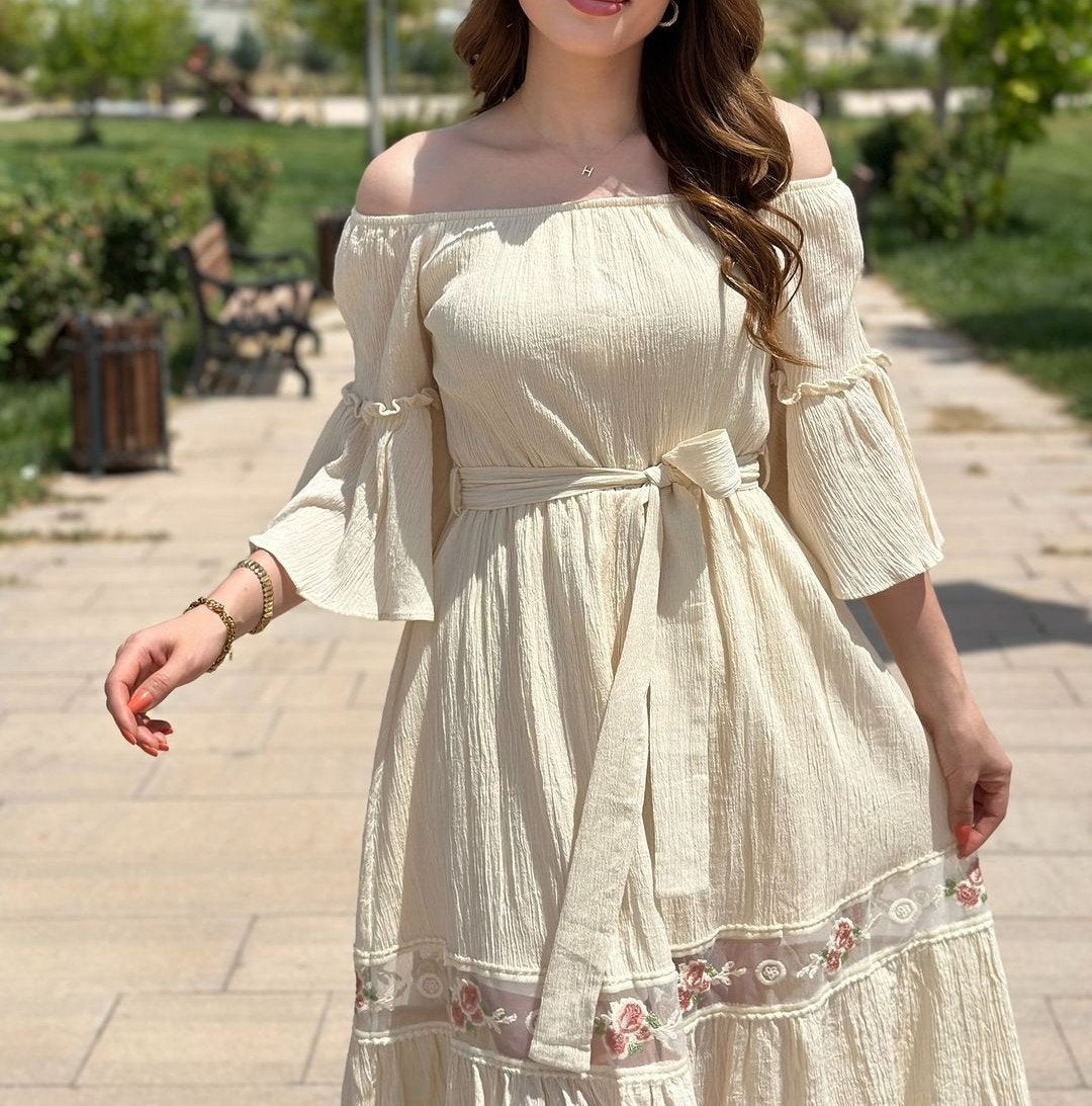 Ruffle-Sleeve Lace-Up Midi Dress