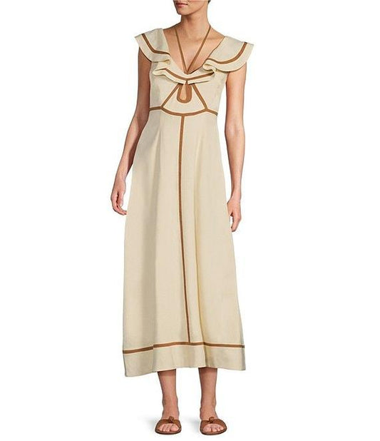 Flounce Shoulder Tie Neck Cut Out Linen Blend Dress