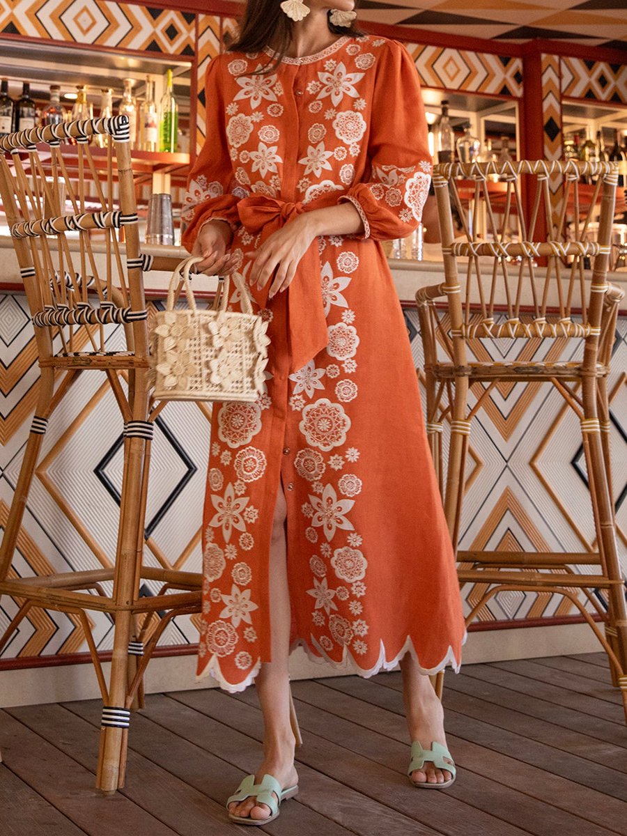 Printed Embroidered Long Sleeve Maxi Dress