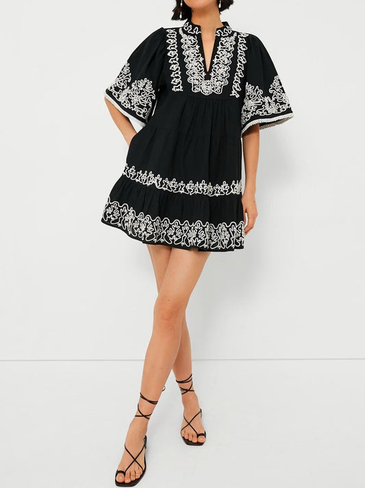 Embroidery Short Sleeve Tiered Dress