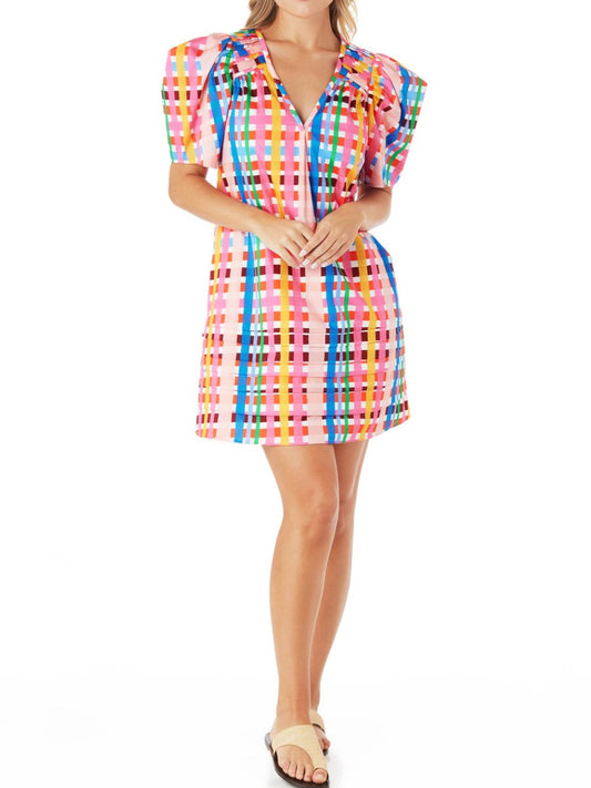 V Neck Puff Sleeve Printed Mini Dress