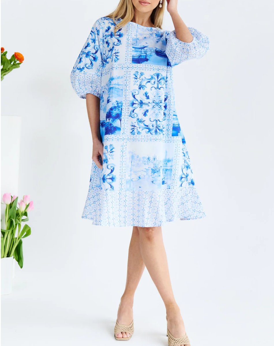 Blue & White Artwork Print Midi Dress