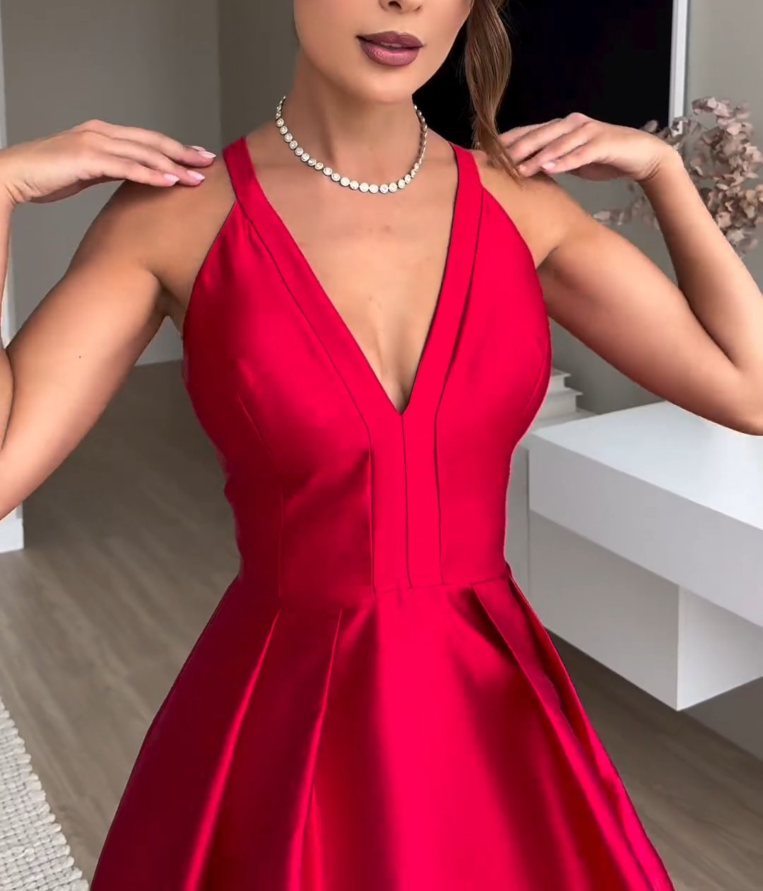 V Neck Floor-Length Red Evening Dress