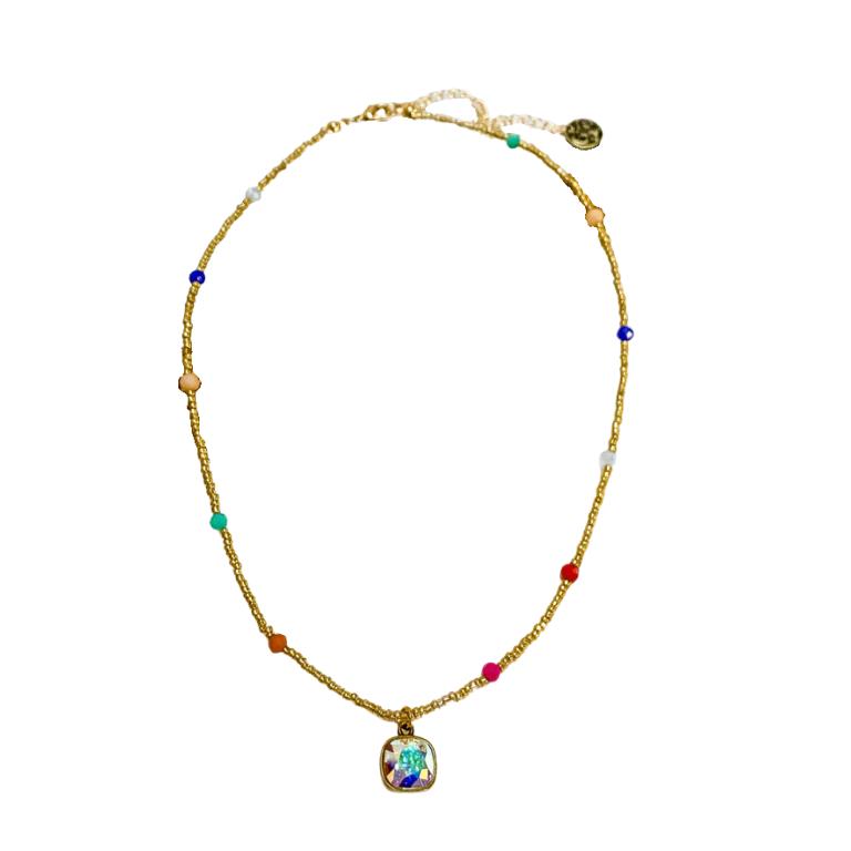 Gold Beaded Crystal Charm Necklace