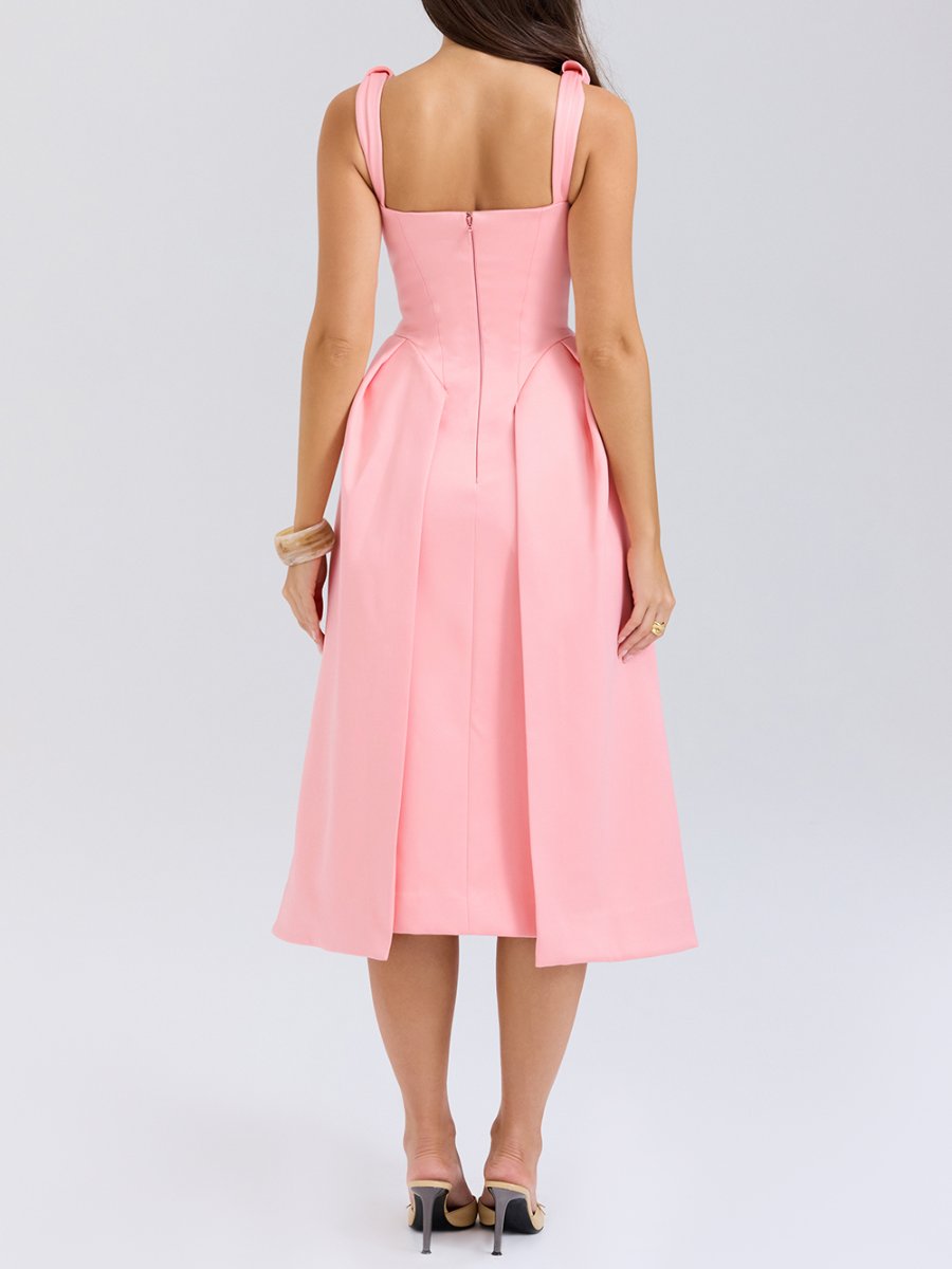 PEACH SATIN PLEATED MIDI DRESS