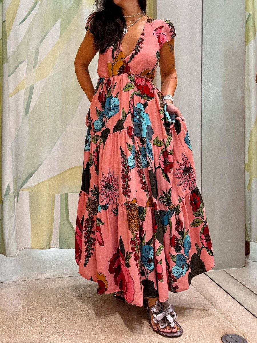 Pink Floral Adjustable Waist Maxi Dress