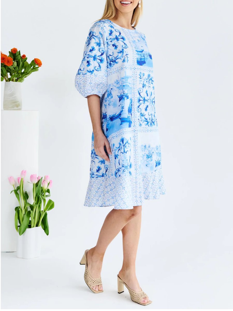 Blue & White Artwork Print Midi Dress