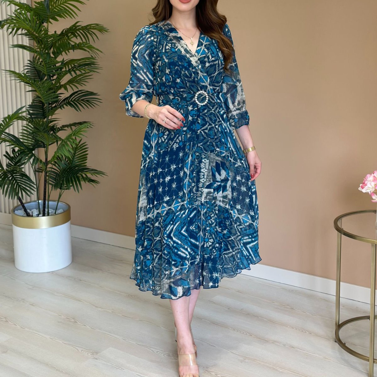 Blue Patterned Chiffon Double Breasted Dress