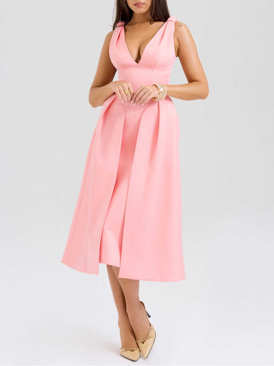 PEACH SATIN PLEATED MIDI DRESS