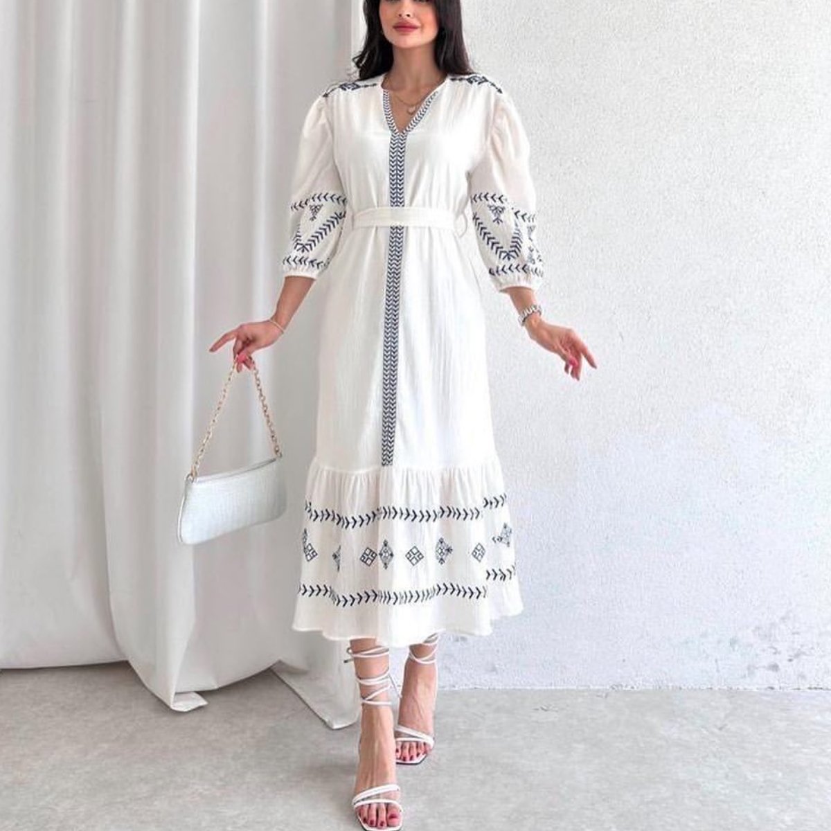 White Blue Embroidered Dress