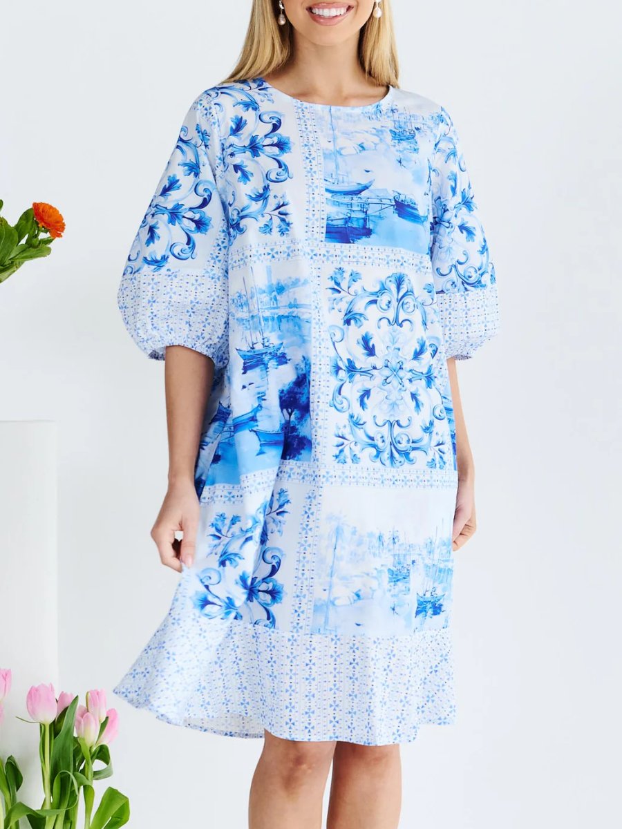 Blue & White Artwork Print Midi Dress