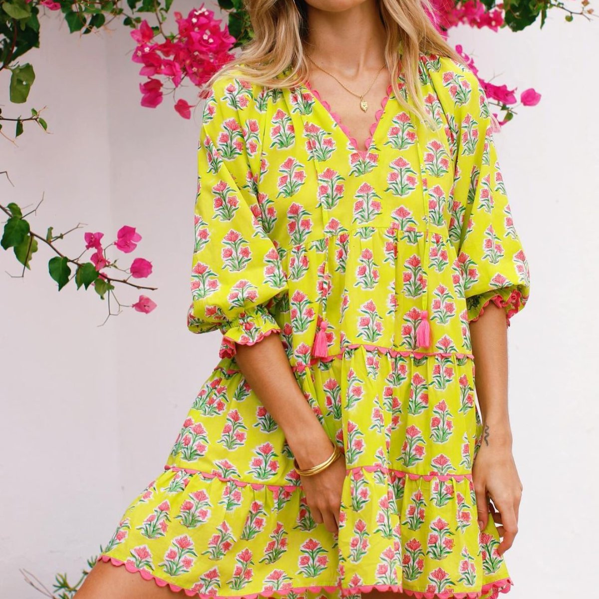 Yellow V Neck Printed Mini Dress