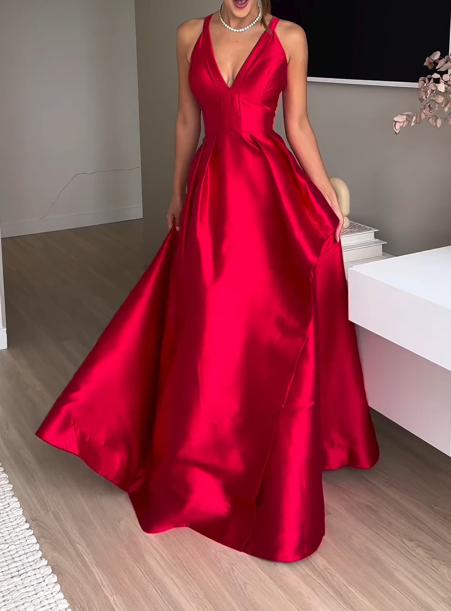 V Neck Floor-Length Red Evening Dress