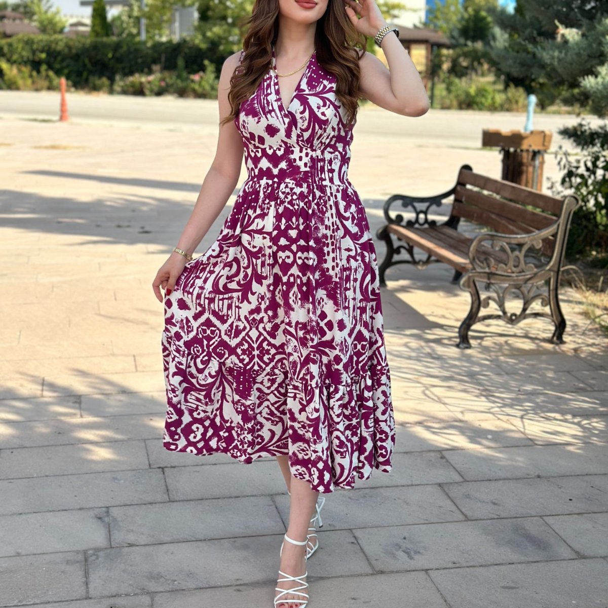 Double Breasted Plum Patterned Midi Dress