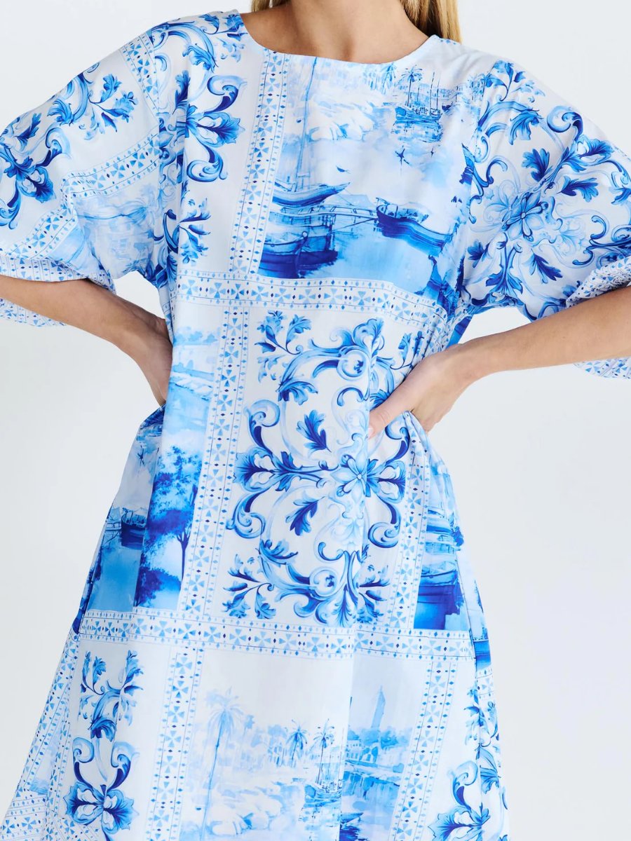 Blue & White Artwork Print Midi Dress