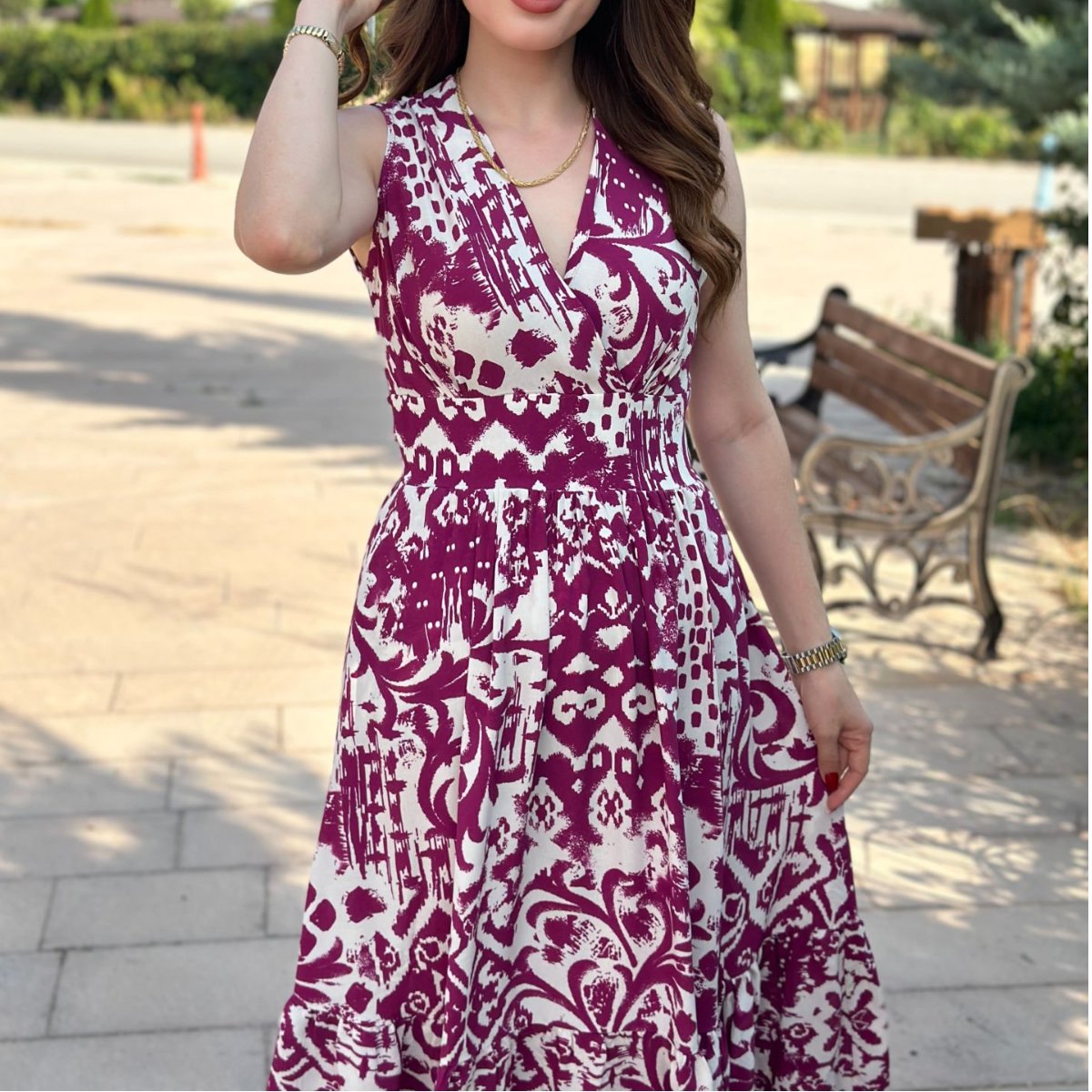 Double Breasted Plum Patterned Midi Dress