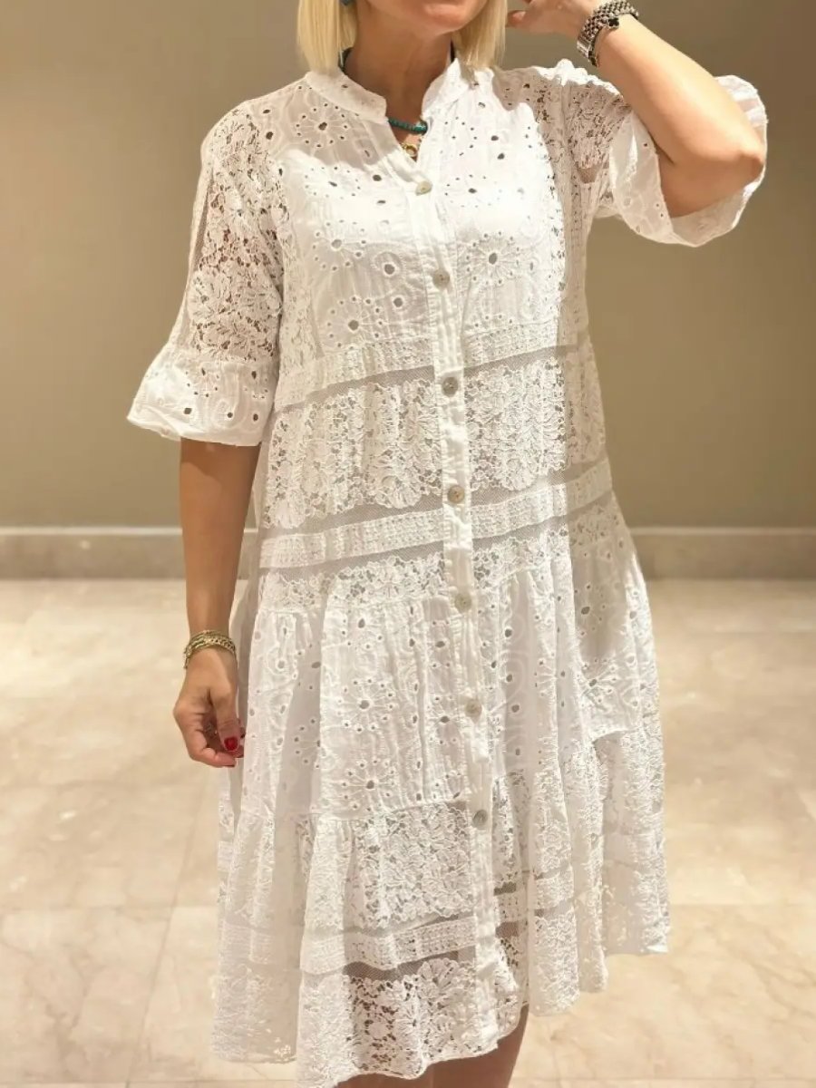 Lace Button Up Solid Loose Dress