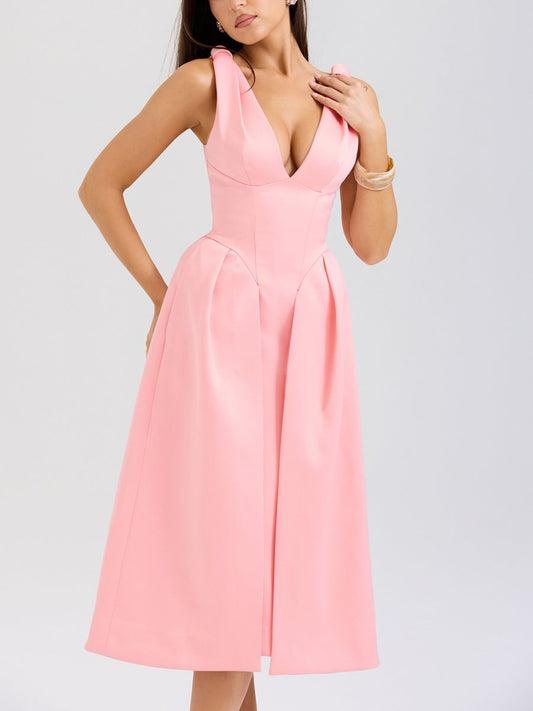 PEACH SATIN PLEATED MIDI DRESS