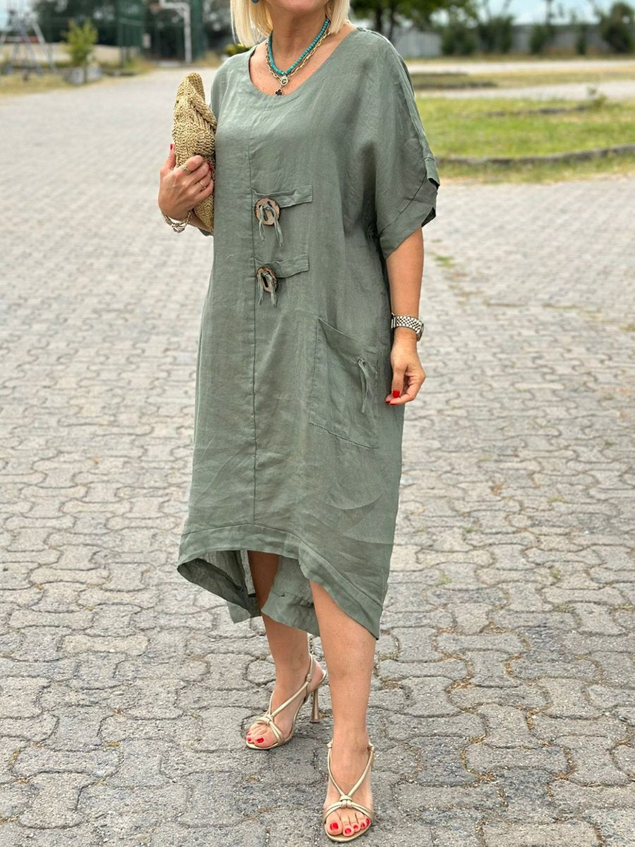 Solid V Neck Tie Up Linen Dress