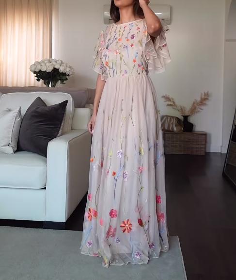 Spring Flute Sleeve Maxi Dress