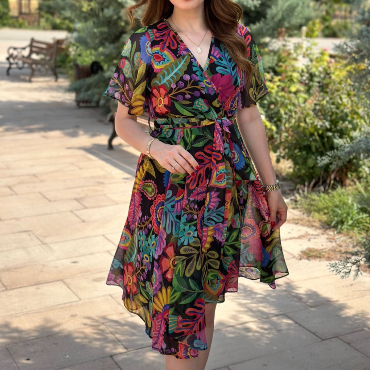 Colorful Floral Chiffon Flared Dress