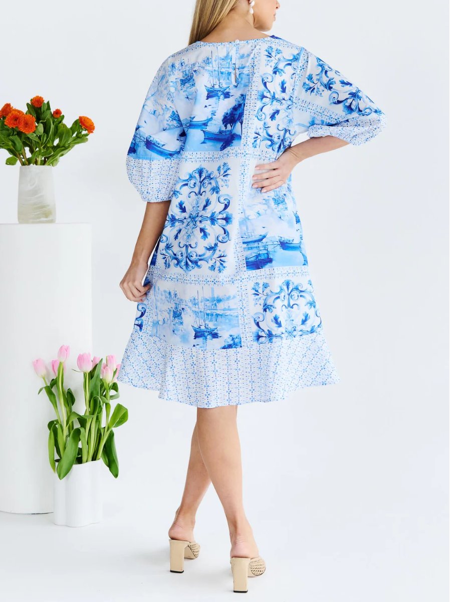 Blue & White Artwork Print Midi Dress