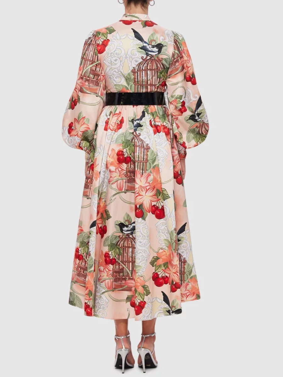 Bird Print Lantern Sleeve Dress