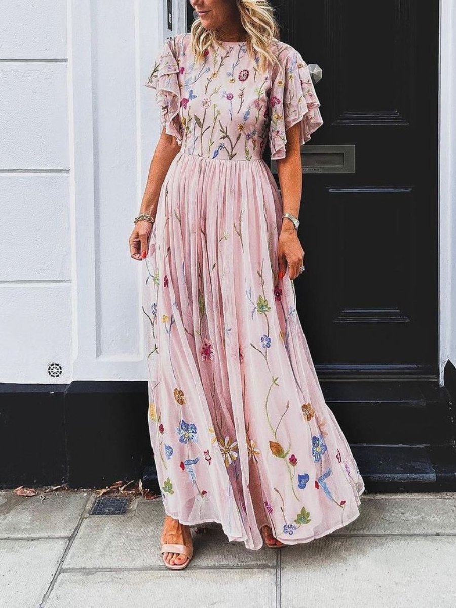 Spring Flute Sleeve Maxi Dress