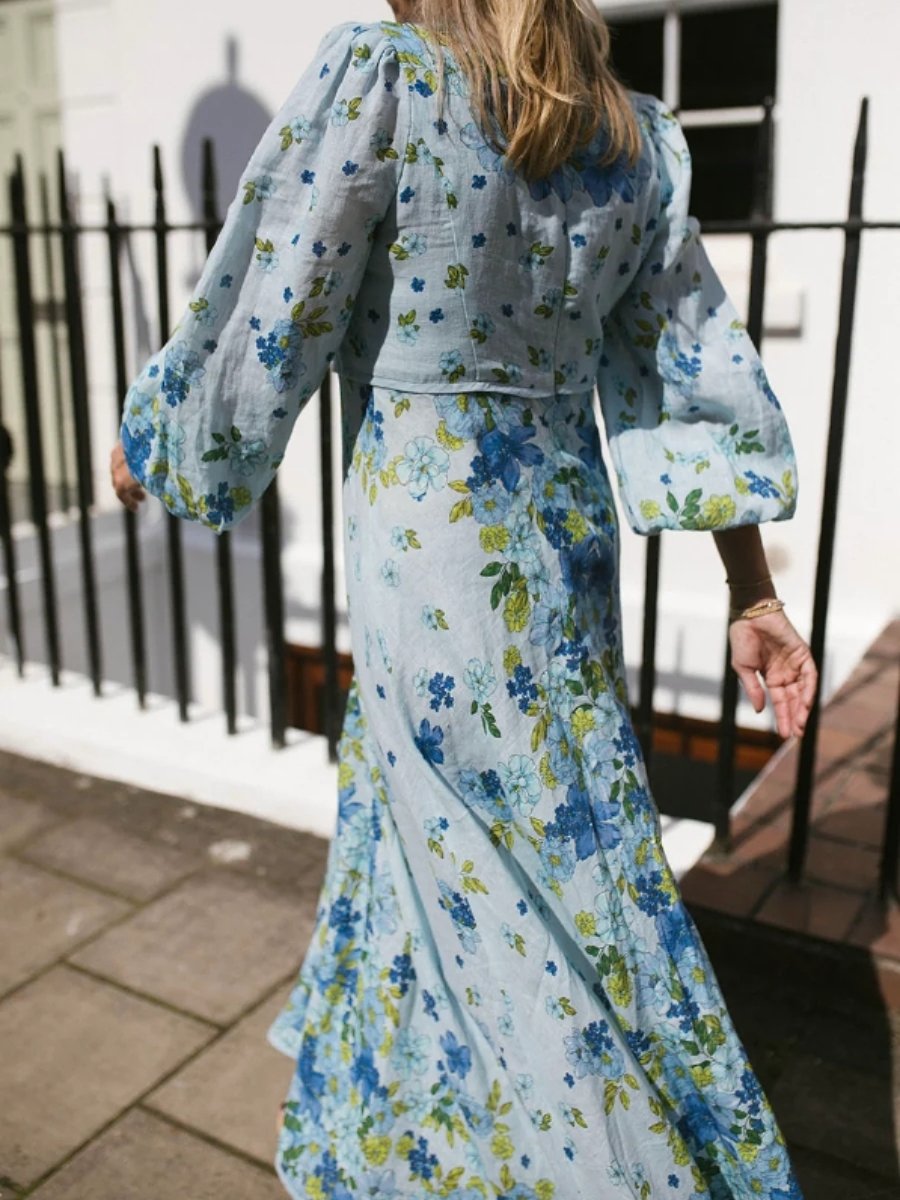 The Elegant Blue Printed Midi Dress