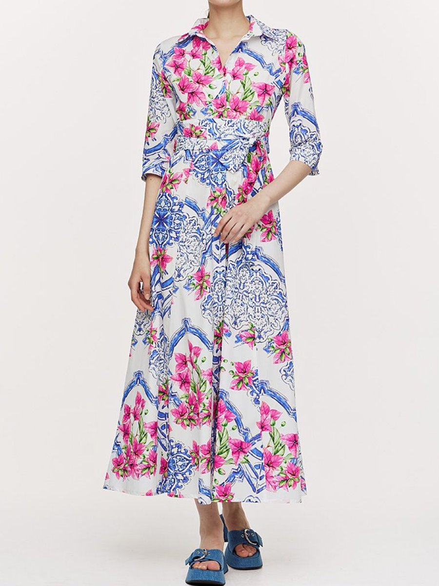 Printed Belt Maxi ShirtDress