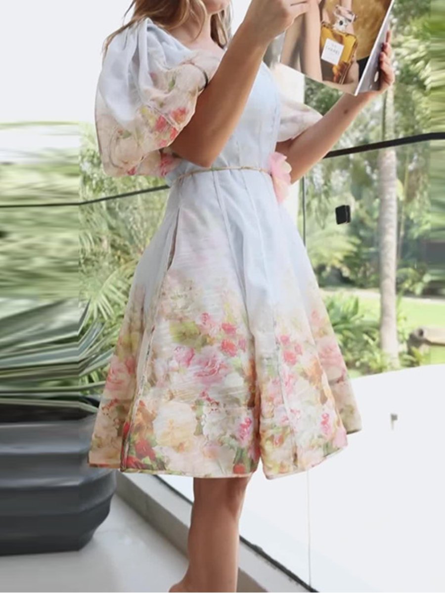 Elegant Floral Puff Sleeve Dress