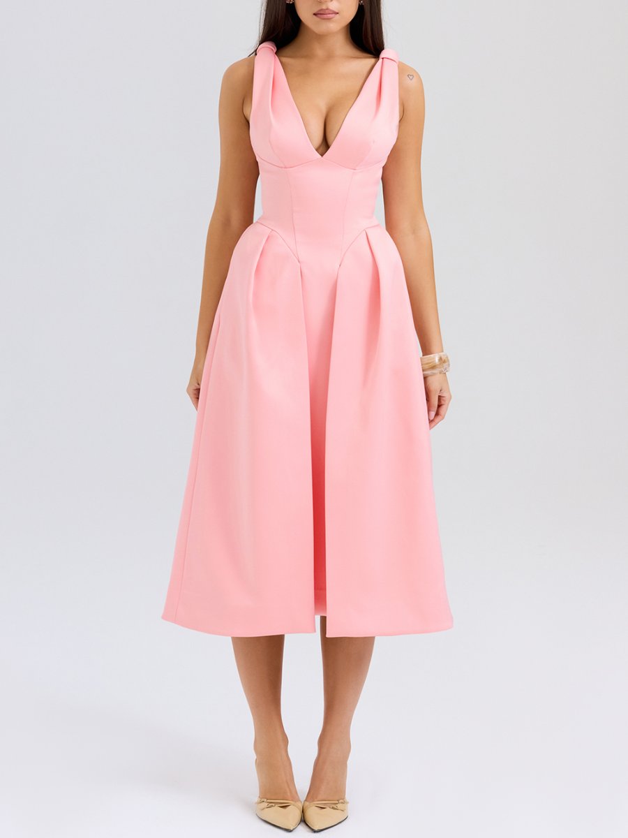 PEACH SATIN PLEATED MIDI DRESS