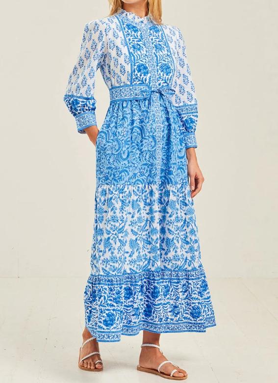 Blue Floral Long Sleeves Maxi Dress