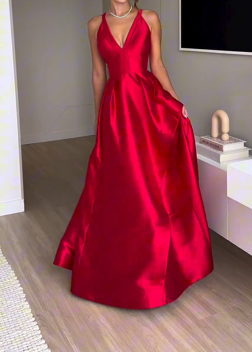 V Neck Floor-Length Red Evening Dress