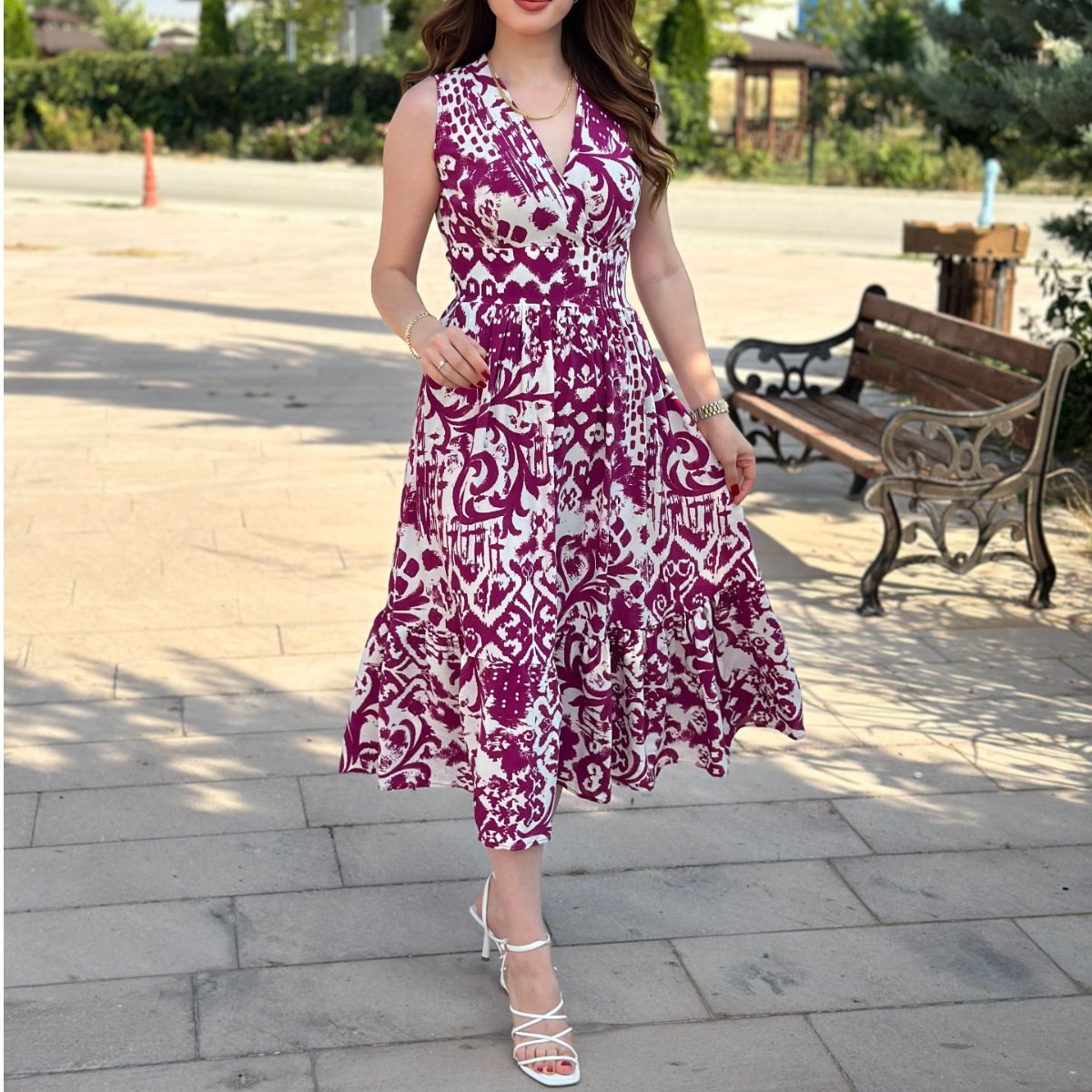 Double Breasted Plum Patterned Midi Dress